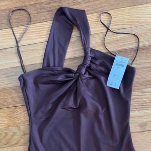 Brown seamless one shoulder twist top